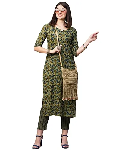 ANNI DESIGNER Women's Cotton Blend Printed Straight Kurta with Pant (Mangla Green-Nw_XXL_Green_XX-Large)