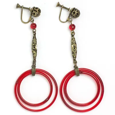 Red Glass Double-Hoop Czech Earrings